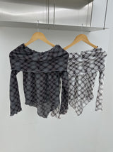 エッジチェックオフショルダーアンバランスTシャツ