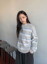 ラベッツ ヘアリーストライプ ウール ラウンドニット