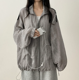 Shelly Gauze Two-Line High-Neck Zip-Up Jumper