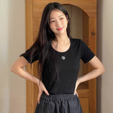 ステッチUネックコットンスパンハーフTシャツ [BLACK]