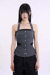 Denim snap cut out sleeveless top