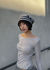 STRIPE SHIRRING LOOSE BEANIE