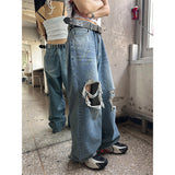 [Unisex] 膝下ダメージワイドデニムパンツ