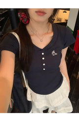 Short Sleeve Button Slim Ribbed Short Sleeve Tee