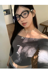 オフショルダーボウシャーリング長袖Tシャツ