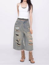 Terran Wide Distressed Bermuda Denim Pants