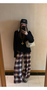 Cotton Check Casual Wide Pants