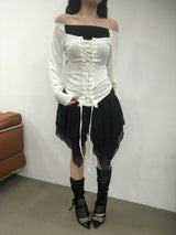 リボンコルセットオフショルダーTシャツ