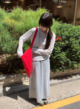 サユストライプボタンフード長袖Tシャツ