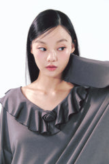 Rose Brooch Frill Long Sleeve Charcoal