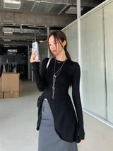 サイドスリットロングスリムロングスリーブニット