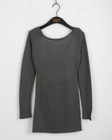 Tirit back slit cross strap punching U-neck off shoulder long sleeve T-shirt