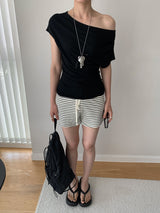 Design Open Shoulder Slim スパンデックス半袖Tシャツ