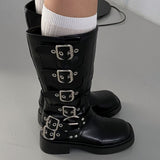 Six buckle belt long worker leather boots