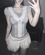 floral puff lace tee (3colors)