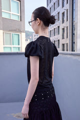 Floral Lace Puff Top (Black)
