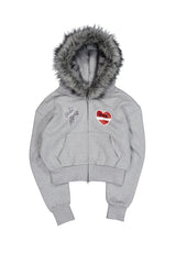 FUR TRIMMING HOODED ZIP-UP / MELANGE GRAY