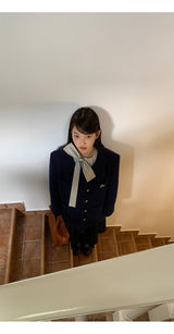 Renee Navy No Collar Round Half Coat