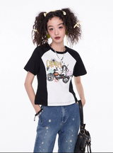 プリントショートスリーブラグランラウンドネックTシャツ