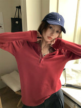 Round button waffle long-sleeved t-shirt