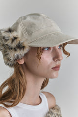 FUR EARFLAP CAP IN IVORY LEOPARD
