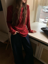 Round button waffle long-sleeved t-shirt