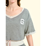 [GirlyFancyClub] Sweet and spicy sporty lazy grey high-waisted cropped T-shirt