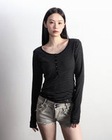 Henley Neck Long Sleeve Stripe Black