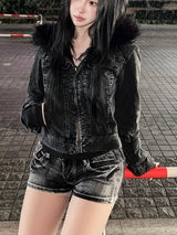 Black Fur Crop Denim Jacket
