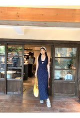Navy Halterneck Flower Long Dress