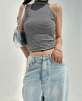 (FALL/WINTER KNIT) KNIT STRIPED SEMI-CROPPED LAYERED INNER TURTLE-NECK THICK TANK - 2 COLOR