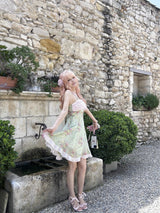 ROSE ISLAND ホルターネックライトピンク&グリーンフローラルワンピース