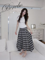 Black Checkered Unbalanced Long Skirt