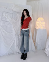 Meow Summer draping shrring Boat neck Top
