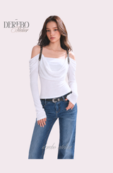 Tul off-shoulder frill long-sleeve tee 