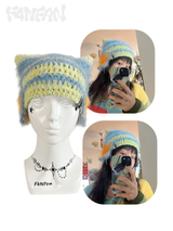 サニーオーシャンストライプクロシェキャットイヤーハット(レモン/アクア)