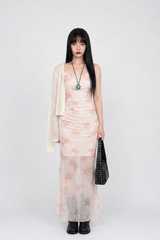 PINK BLOSSOM MESH-OVERLAY FLORAL DRESS