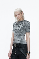 ディストレストクロススタデッドTシャツ