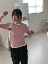 セレナテンセルラウンドネックフォール長袖シースルー長袖Tシャツ 5 colors