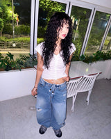 Fold-Over Distressed Wide Denim Pants