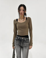 [U-BASIC] Lend off U-neck basic crop long sleeves