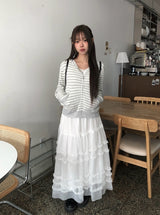 ペブルティアードフリルレースチュールロングスカート