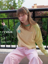 Riverstone plusルーズ ストライプ カラーブロック ラグラン ロングスリーブ Tシャツ