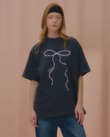 ウェーブパールリボンTシャツ-CHARCOAL