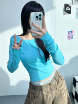 オープンバック セミクロップ 長袖Tシャツ💙🤍🖤 - 3カラー