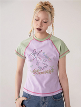コントラストカラープリンティドラウンドネック半袖Tシャツ