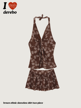 brown ethnic sleeveless skirt two-piece