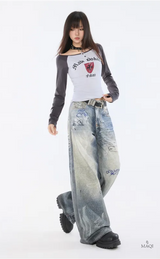 Hand-Painted Distressed High-Waisted Wide-Leg Jeans