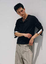 Contrast ribbed henley long Sleeve(Black)