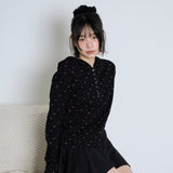 FLOWER WAFFLE BUTTON HOODIE - BLACK
